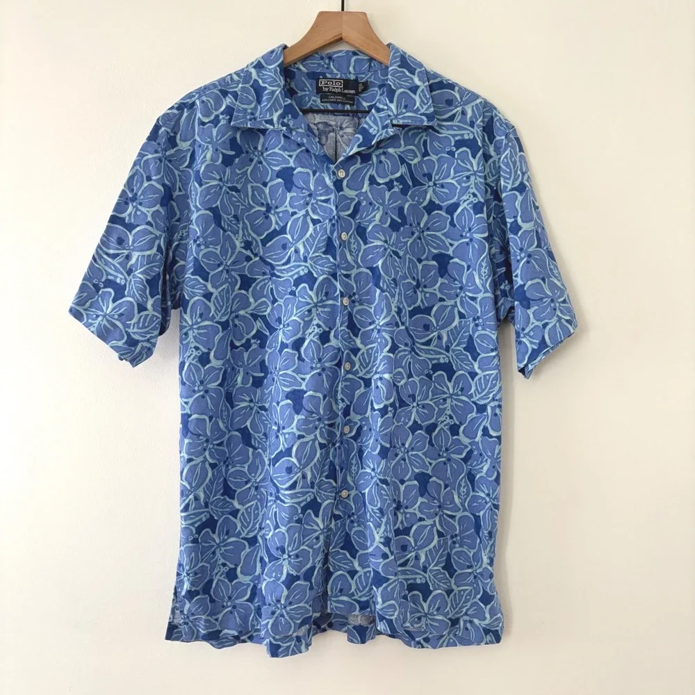 Polo Ralph Lauren Caldwell Shirt Men L Blue Floral Linen Camp Hawaii Aloha Prep
